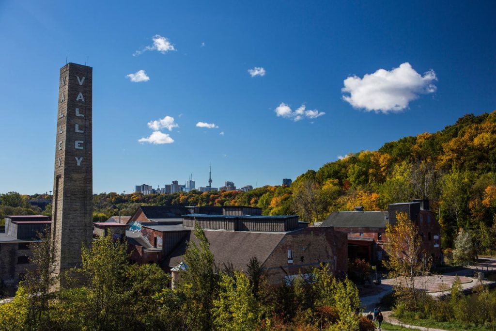 Lush green landscape of Evergreen Brick Works, with trails, a lake, and urban buildings in the background, showing a blend of nature and city life